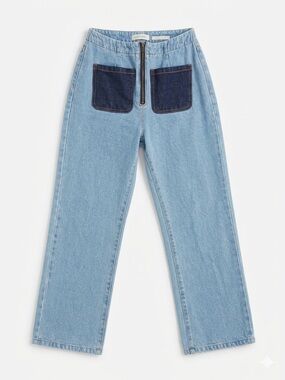 Luxury NV Nati Vozza Two-Tone Contrast Patch Pocket High Rise Wide Leg Jeans